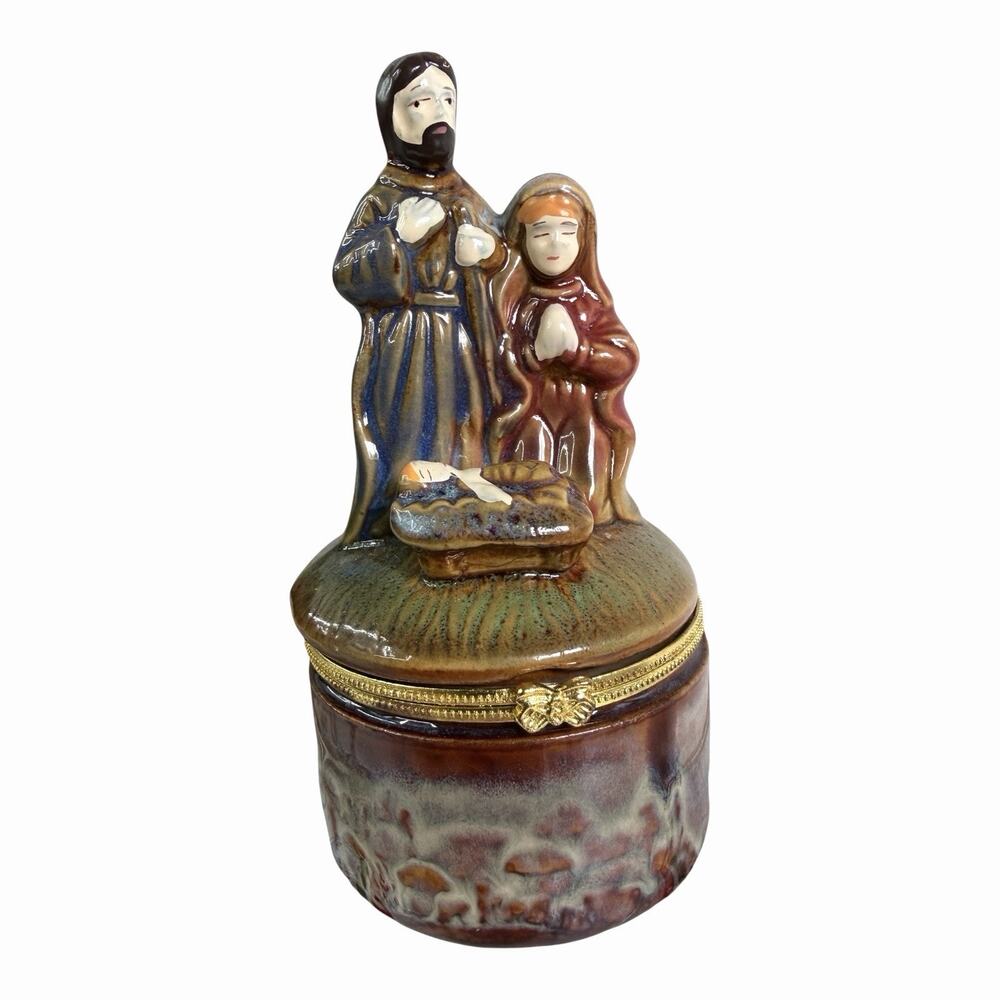 Vintage Trinket Box Mary Joseph Baby Jesus HINGED Christmas Nativity Scene